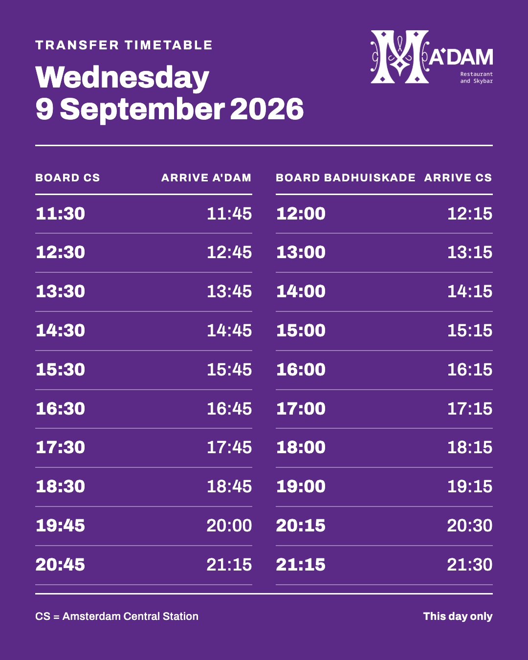Transfer boat times on Wednesday 9 September. CS = Amsterdam Central Station.